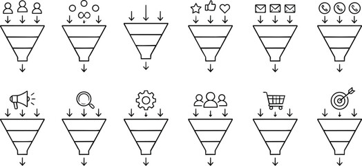 Fototapeta premium Marketing Sales Conversion Process Funnel Line Icons Collection