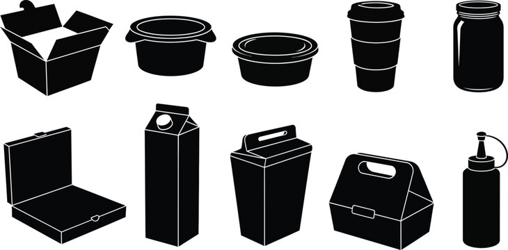 Collection of disposable containers and bottles for food and beverages. Assorted takeaway packaging for food delivery and storage.