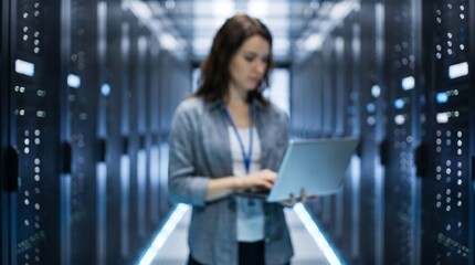 Fototapeta premium Young woman IT specialist holding laptop while checking server health in modern data center aisle with glowing blue lights on equipment racks