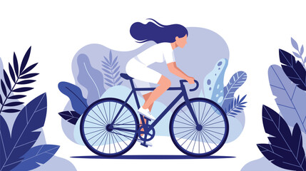 Fototapeta premium Stylized illustration of a female cyclist riding a bicycle through lush garden foliage and greenery.
