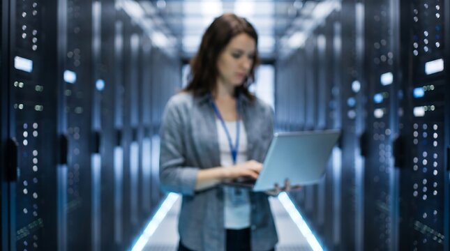 Young woman IT specialist holding laptop while checking server health in modern data center aisle with glowing blue lights on equipment racks