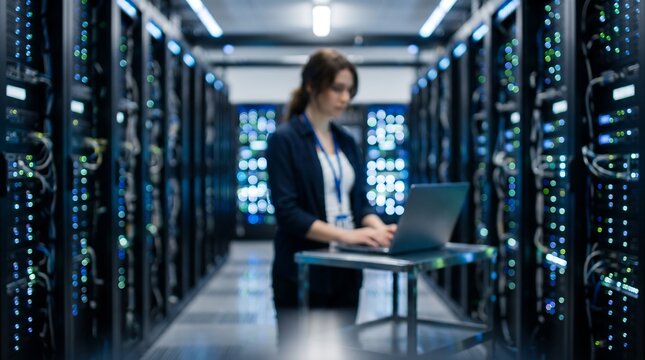 Professional young woman IT technician working on laptop in modern data center with glowing server racks in background for network security monitoring