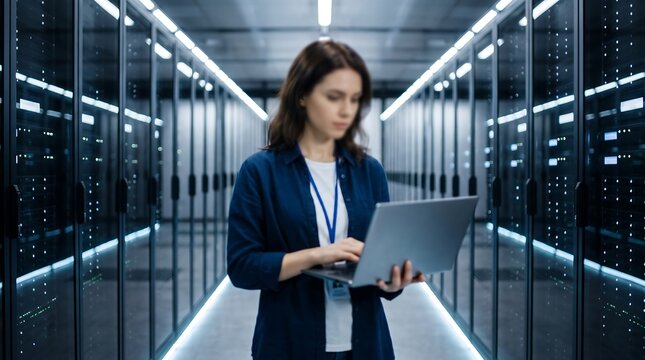 Female IT engineer using laptop for network configuration in high tech server room with glowing data center equipment racks in background