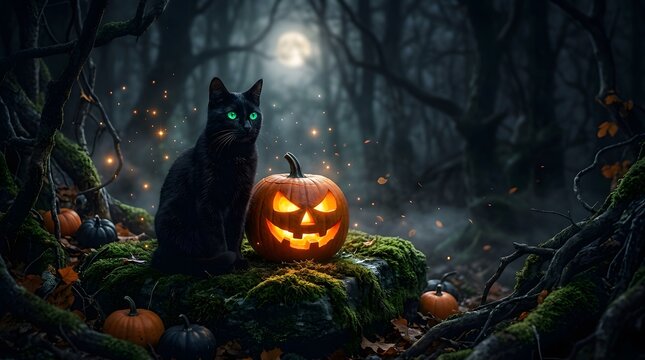 Black cat sitting next to a carved Halloween pumpkin in a spooky forest