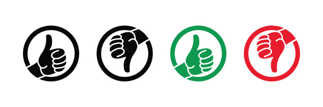 Like and Dislike Pictogram Collection. Thumb Up, Thumb Down Silhouette Icon Set. Good and Bad Gesture Button Black and Color Sign. Social Media Feedback Symbols. Isolated Vector Illustration.