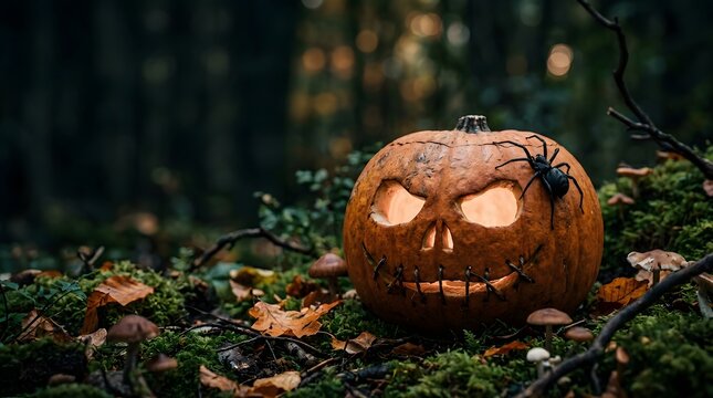 Spooky carved Halloween pumpkin glowing in dark forest at night