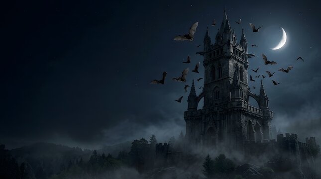 Spooky gothic castle at night with bats and crescent moon
