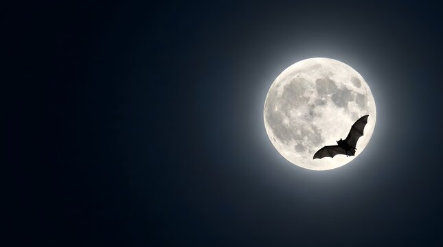 Silhouette of a bat flying across a glowing full moon at night