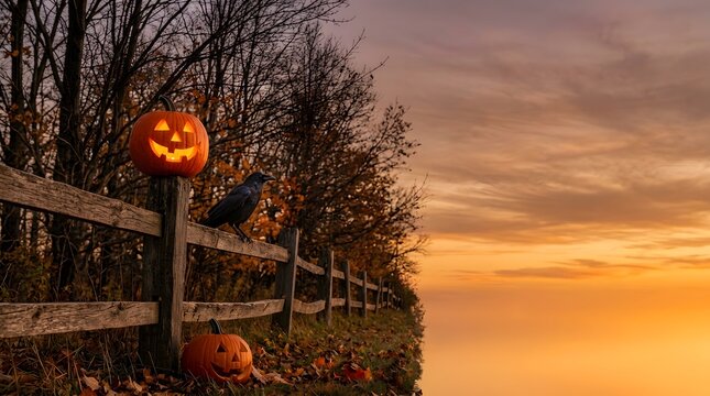 Halloween Jack o lantern pumpkins and black crow on wooden fence at sunset