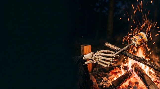 Skeleton hand roasting marshmallow over campfire at night