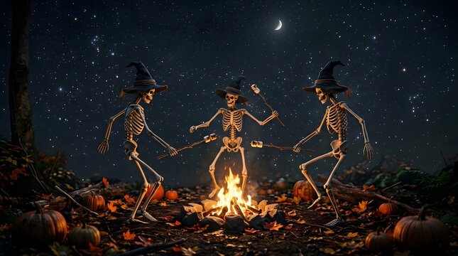 Dancing skeletons with witch hats roasting marshmallows around a campfire at night