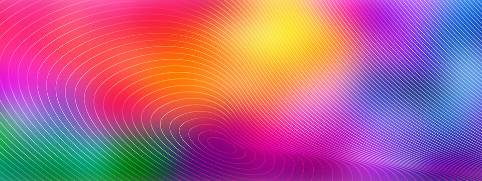 Abstract vivid rainbow gradient background with glowing circular ripple lines