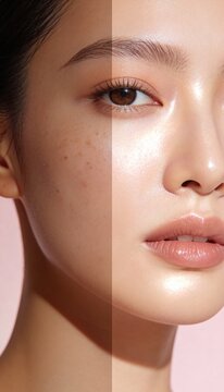 A bold and compelling split close-up portrait of a young Asian woman's face, showing the left half with acne-prone problem skin and the right half with a radiant glowing clear complexion 