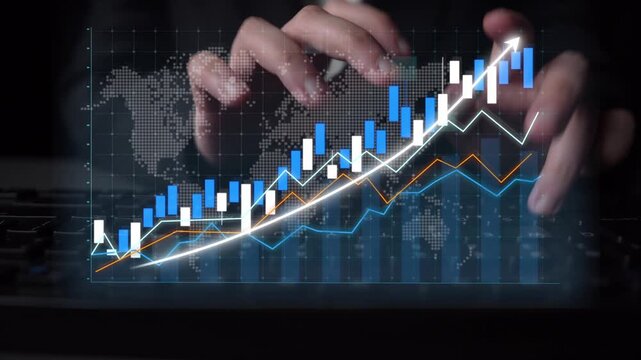 A professional workspace featuring hands on a keyboard, analyzing a vibrant financial growth chart on a digital screen, symbolizing market trends and economic insights. Copula