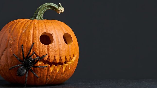 Halloween jack o lantern pumpkin with large black spider on dark background