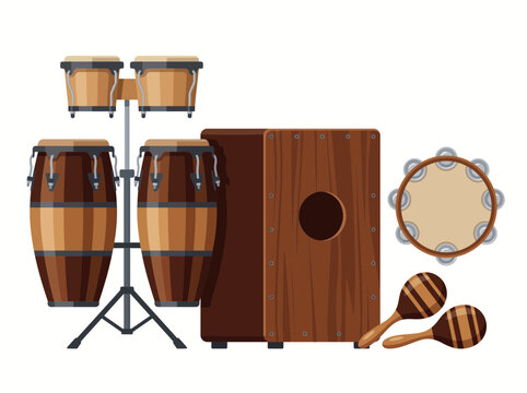 Set of various percussion instruments including congas cajon tambourine and maracas isolated on white background.