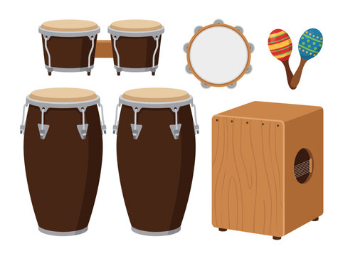 Set of various percussion musical instruments including bongos congas tambourine maracas and a wooden cajon box drum.