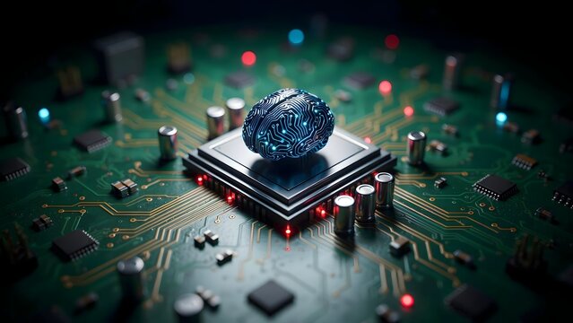 Conceptual illustration of artificial intelligence with a glowing digital brain resting on a computer processor chip on a circuit board