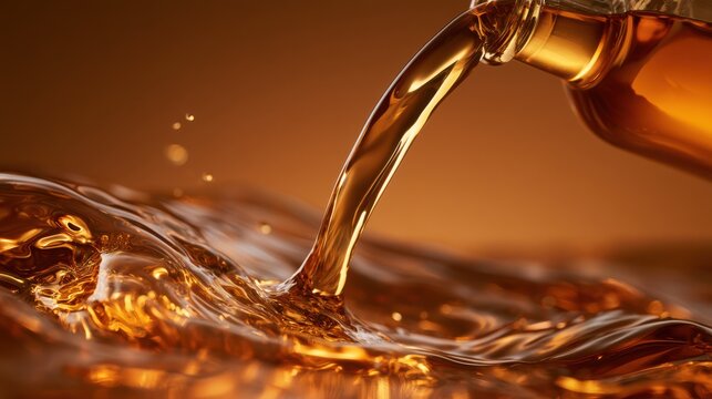 A close-up of amber liquid being poured from a glass bottle into a pool of the same liquid with splashes and droplets.