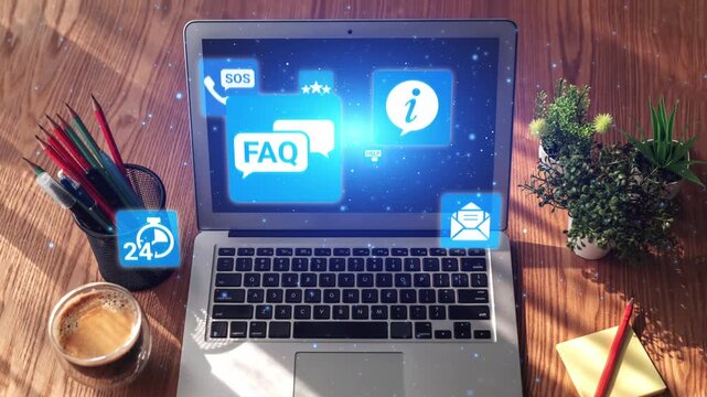 FAQ and online help icons show question, answer, and support system. FAQ improves online help experience, customer service quality, and FAQ knowledge access. Gist