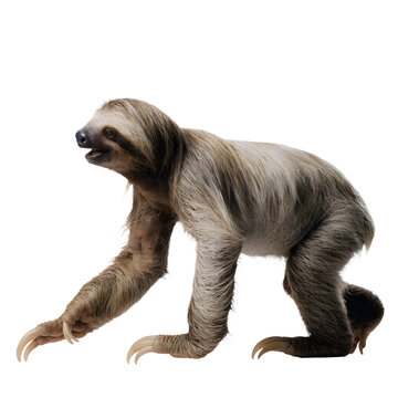 Walking three-toed sloth moving forward as transparent object