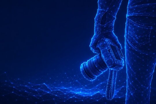Close up of a professional digital camera held by a person in a virtual environment made of flowing blue light. world photography day with photographer, photography, equipment. world photography day