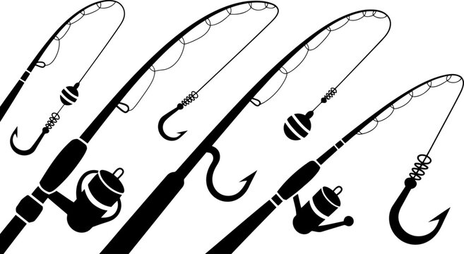 Black silhouette fishing rods with reels hooks and bobbers on a white background pole 
