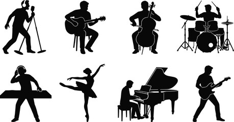 Black and white music and performance arts icons set depicting musicians dancers and entertainment concepts © MDMORSALIN