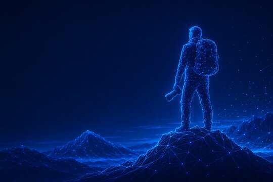 Digital silhouette of a photographer standing on a mountain peak at night. world photography day with photographer landscape mountain exploration. world photography day