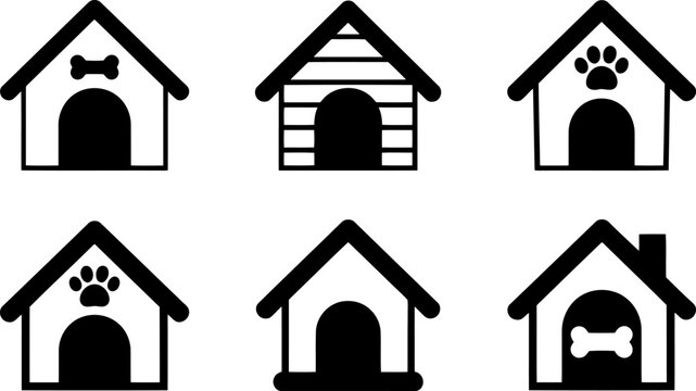 Collection of six simple black and white cartoon dog house with bone and paw print 