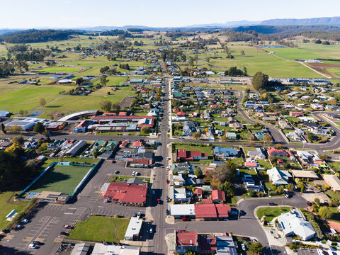 Aerial view over the town of Sheffield in Tasmania looking to the east
