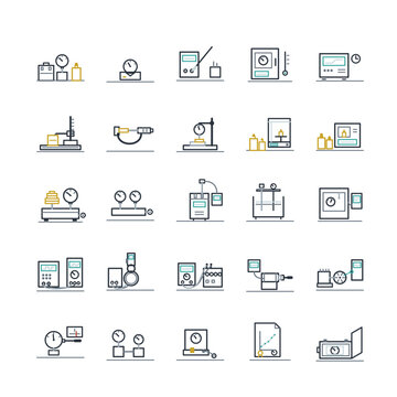 Calibration laboratory operations and instrument calibration line icon set