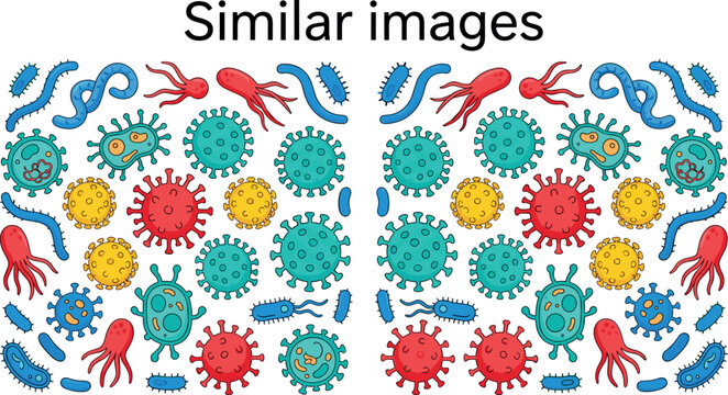 Colorful vector pattern featuring cartoon viruses, bacteria, microorganisms, and pathogens on a white background.