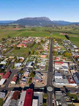 Aerial view over the town of Sheffield in Tasmania, Mt Roland appearing in the distance