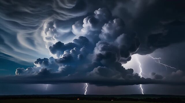 Epic Thunderstorm Supercell with Electrical Lightning Bolts and Massive Swirling Clouds in a Dark Night Sky