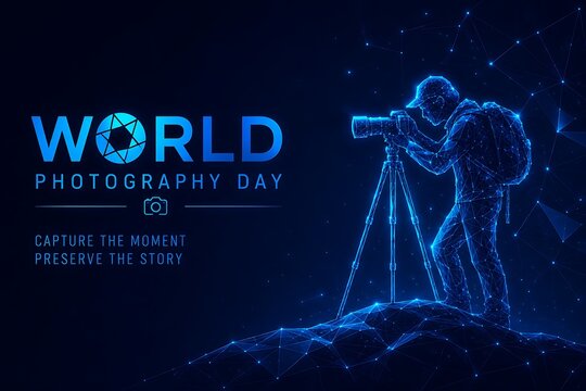 Conceptual digital wireframe illustration of a photographer using a tripod to capture photos at night. world photography day with photographer, photography, wireframe. world. photography day