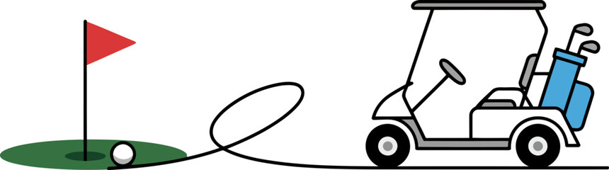 Fototapeta premium Golf cart and golf ball on green with red flag on white background 