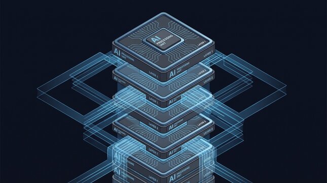 Advanced 3D microprocessor stack with glowing interconnected circuit patterns for high performance computing hardware microprocessor computing hardware technology interconnected processor