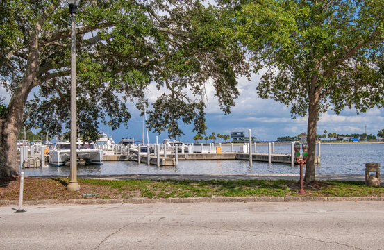 Yachts and Catamaran moored in a marina St. Petersburg Florida.