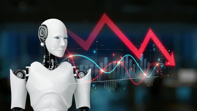 A sleek robot stands in a modern office, analyzing financial trends with digital graphs. This futuristic scene blends technology and finance. Perfect for business concepts. Synapse