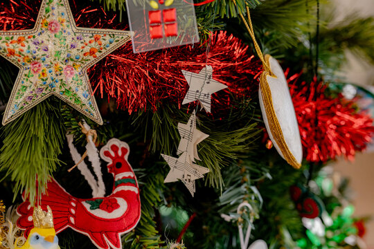 Christmas ornaments hanging on a Christmas tree