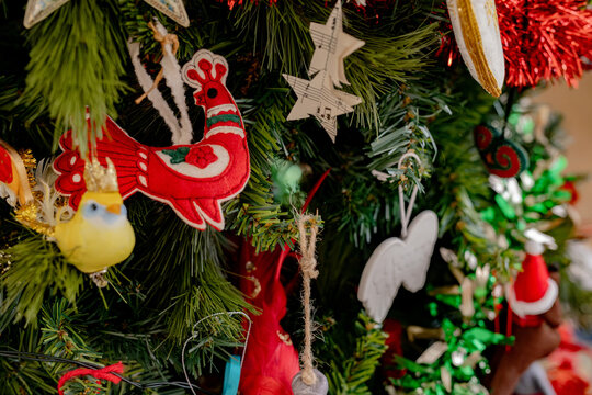 Christmas ornaments hanging on a Christmas tree