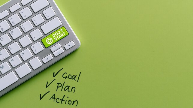 Strategy and business planning with a checklist and keyboard for goal achievement