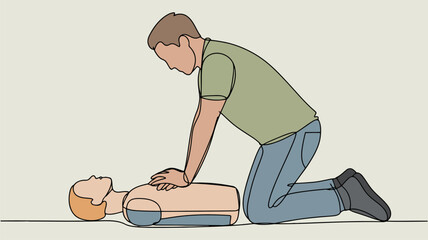 Man performing CPR on a medical dummy in a simple line style with muted colors  © lilyax