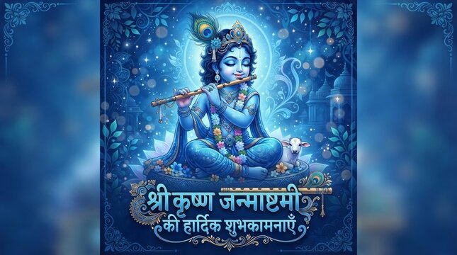 Shri Krishna Janmashtami festive Celebration with Greeting Graphic Design Concept 3D Text and Lord Little Krishna Flute with Bal Krishna illustration. See Less