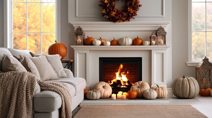 Obraz premium Autumn cozy living room with fireplace decor and fall pumpkins for thanksgiving