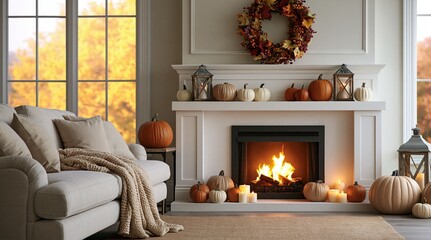 Obraz premium Autumn cozy living room interior with fireplace decor and seasonal fall pumpkins