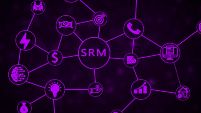 A central circle labeled SRM connects via lines to various representing business concepts including a handshake, target, phone, computer, graph, hand with money, dollar sign, and a brain with