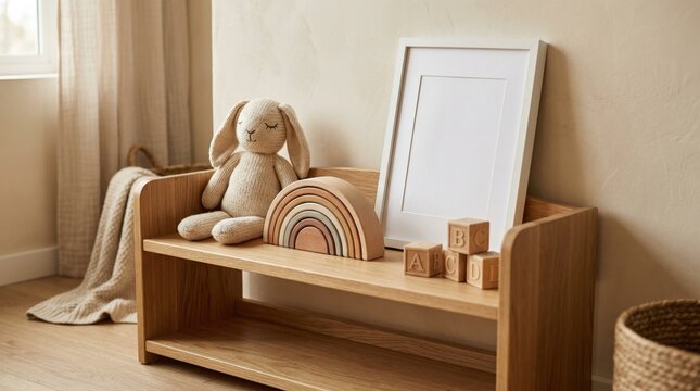 Low natural wood montessori shelf with wooden toys, a soft knitted bunny and a blank white frame leaning against the wall, minimalist kids interior concept design