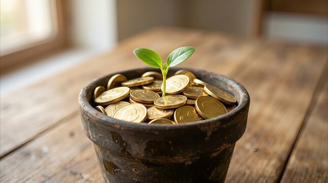 Small plant growing in a pot filled with gold coins, concept of growth